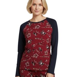 Ariat Women Western Cowboy Print Top- Maroon & Navy Raglan Long Sleeve Tee M
W